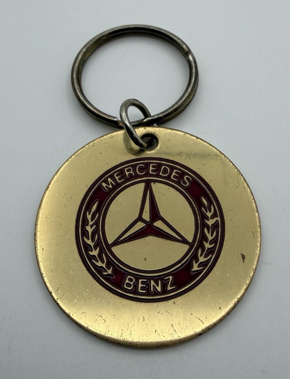 Vtg Mercedes Benz Keychain Brass Enamel Gold Red Circle Round
